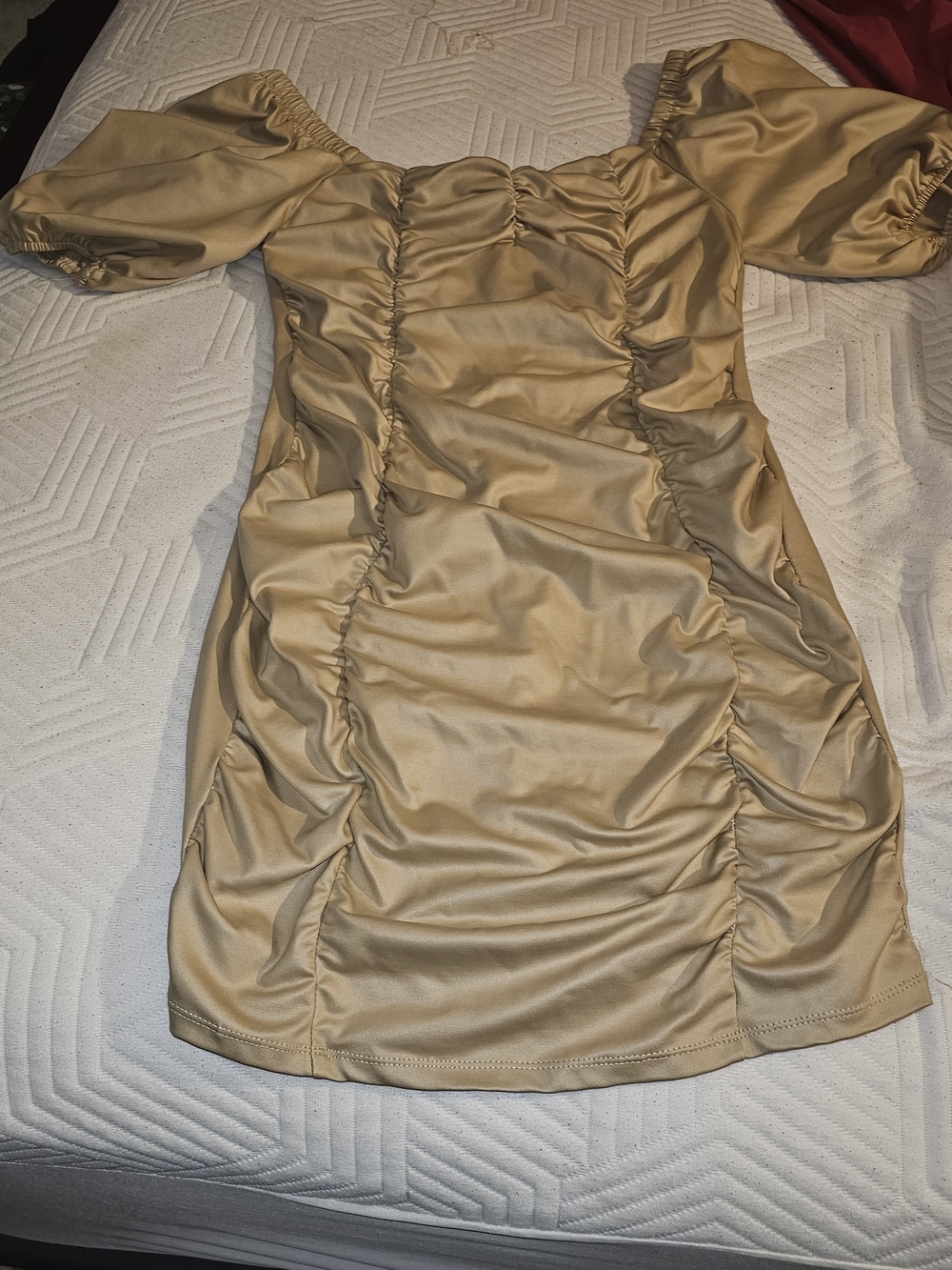 Chocolate Gold Satin Ruched Off-Shoulder Mini Dress
